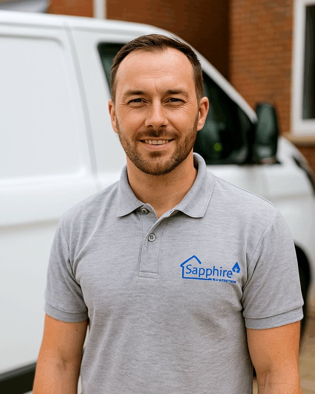 Sapphire Heat Solutions engineer standing beside service van